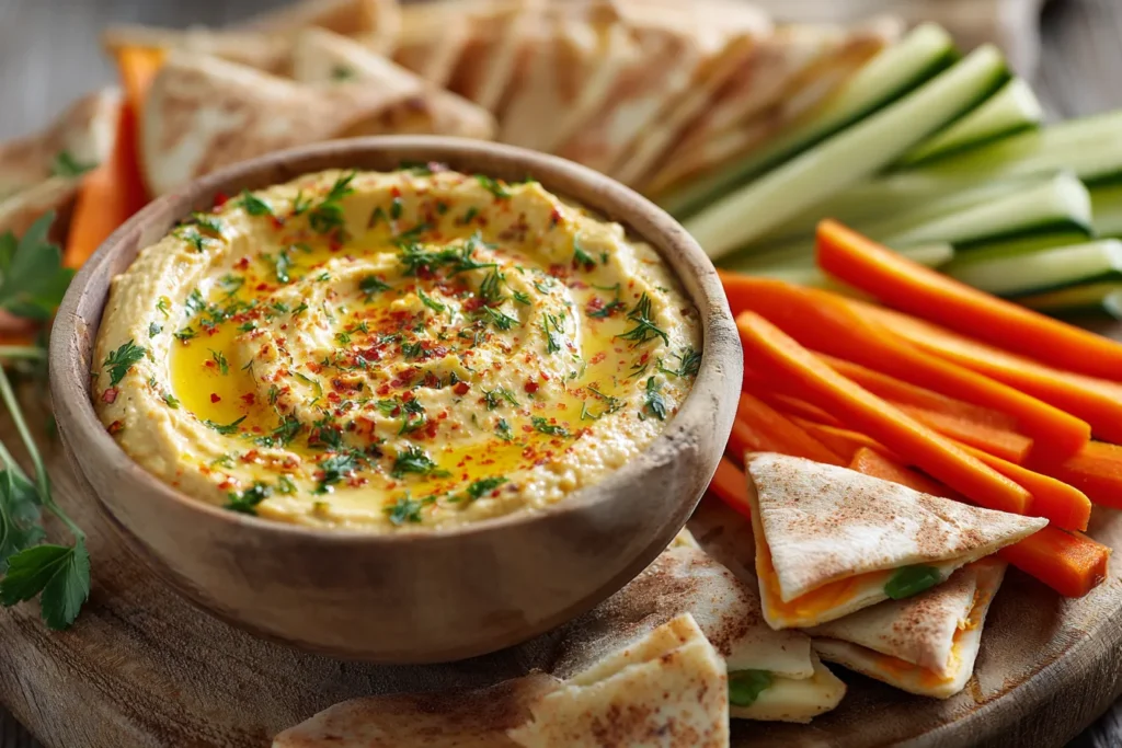 Hummus with Pita Triangles and Veggie Sticks
