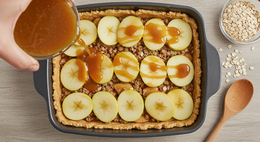 Irresistible Salted Caramel Apple Bars for Fall 4 Assembling salted caramel apple bars in a baking pan