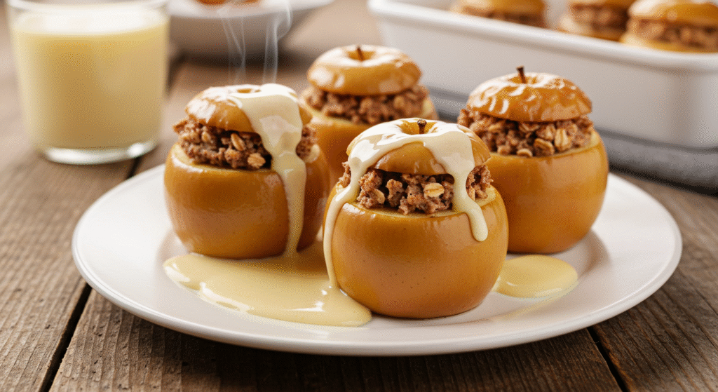 Cinnamon Oatmeal Stuffed Apples with Vanilla Custard Sauce 2 Warm stuffed apples drizzled with homemade vanilla custard