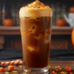 Cold Witches Brew Coffee with pumpkin foam and Halloween sprinkles