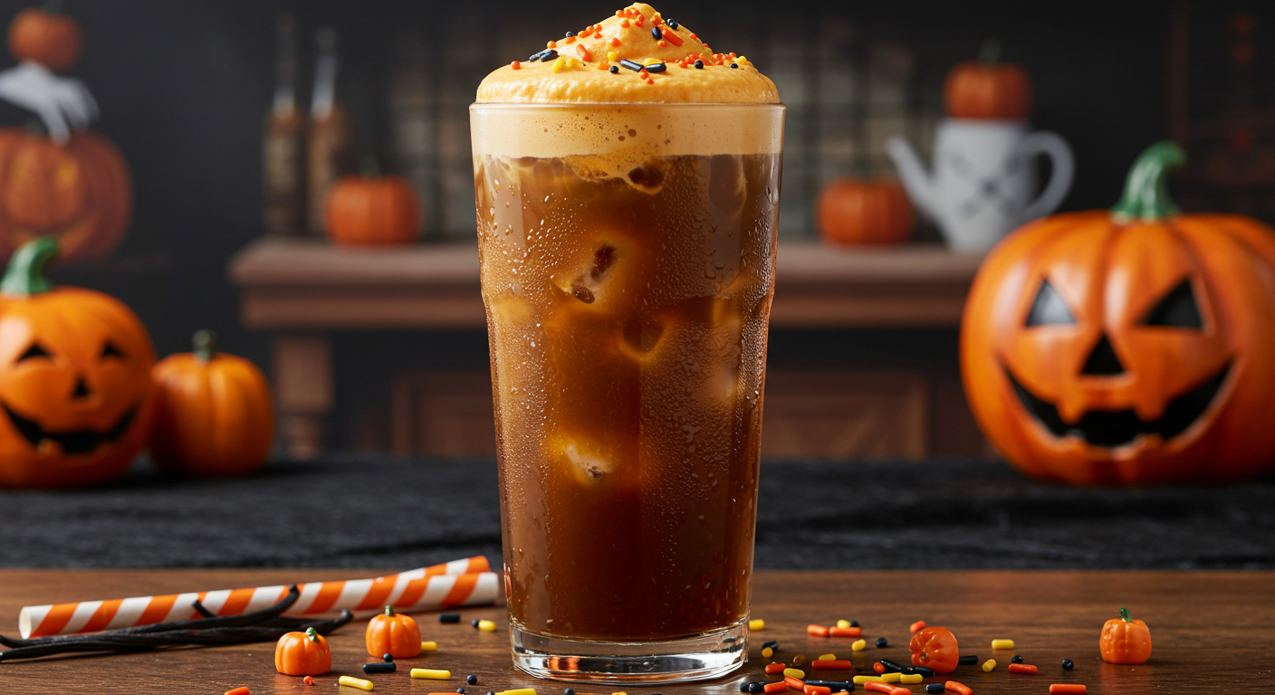 Cold Witches Brew Coffee – Disney World Copycat Recipe You’ll Love Cold Witches Brew Coffee with pumpkin foam and Halloween sprinkles