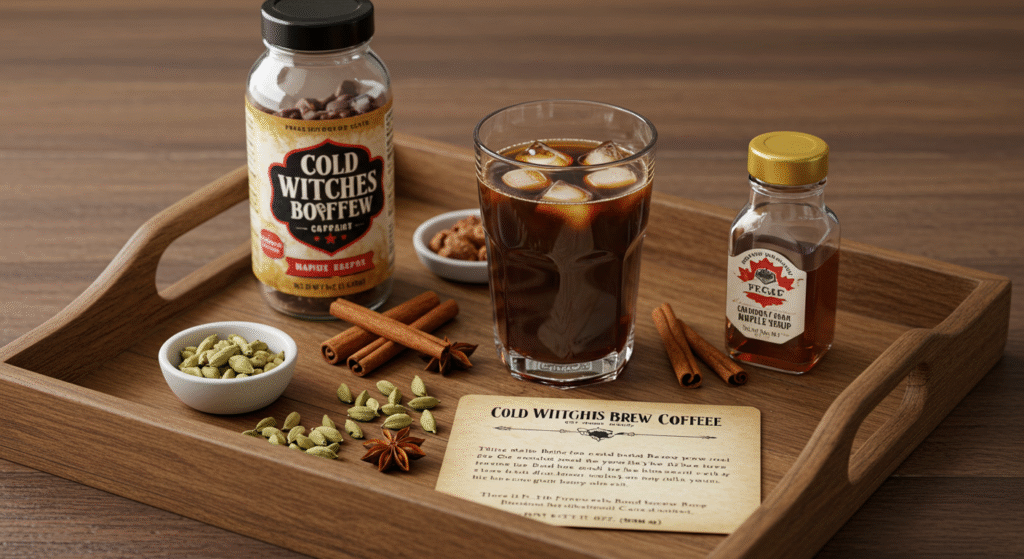 Cold Witches Brew Coffee recipe card with styled drink