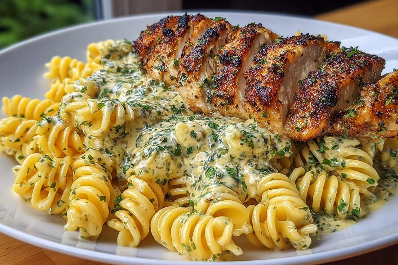 Creamy Garlic Parmesan Chicken with Cheesy Twisted Pasta