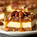 Pecan Pie Cheesecake Bars: A Decadent Delight to Try 3 Pecan Pie Cheesecake Bars on a White Plate