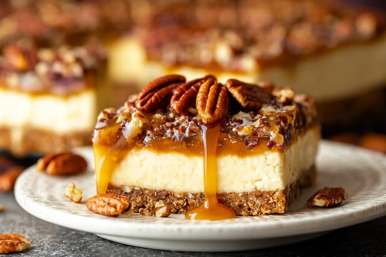 Pecan Pie Cheesecake Bars on a White Plate