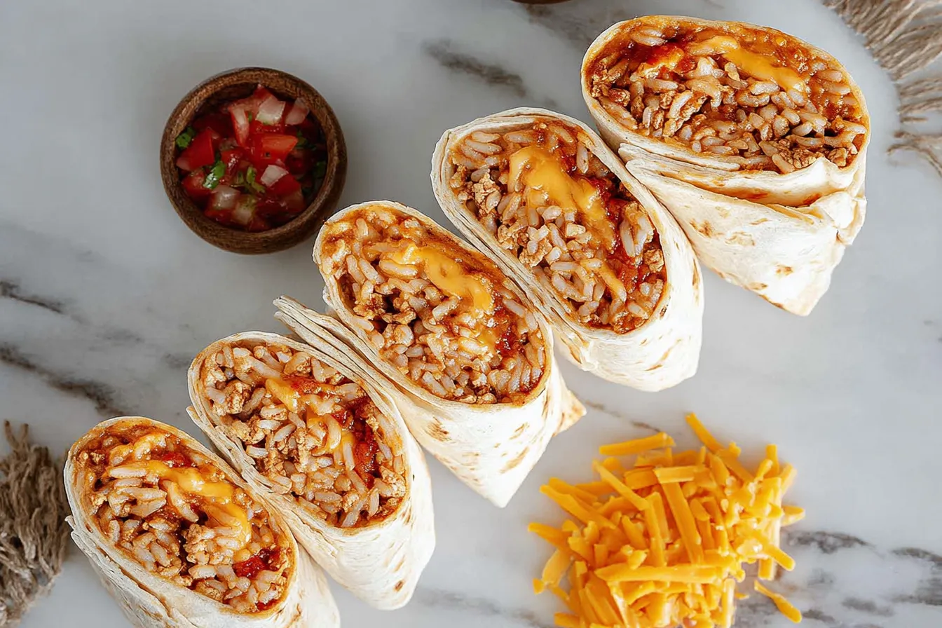 Cheesy Ground Chicken and Rice Burritos — Easy stove-top dinner Cheesy Ground Chicken and Rice Burritos Ready to Serve