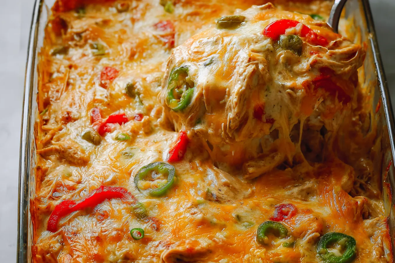 Creamy Chicken Fajita Casserole in a Baking Dish