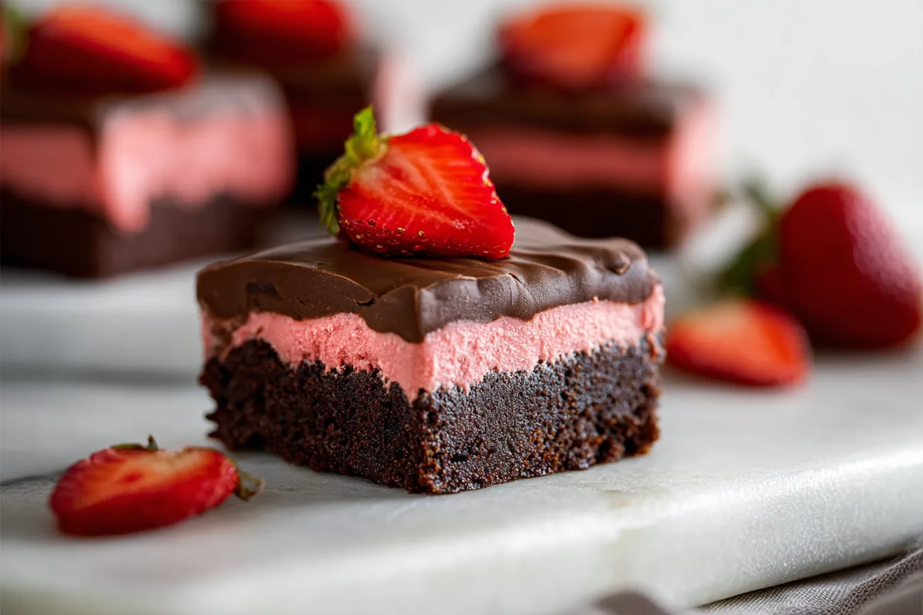 Chocolate Covered Strawberry Brownies — Rich brownies topped with dipped strawberries