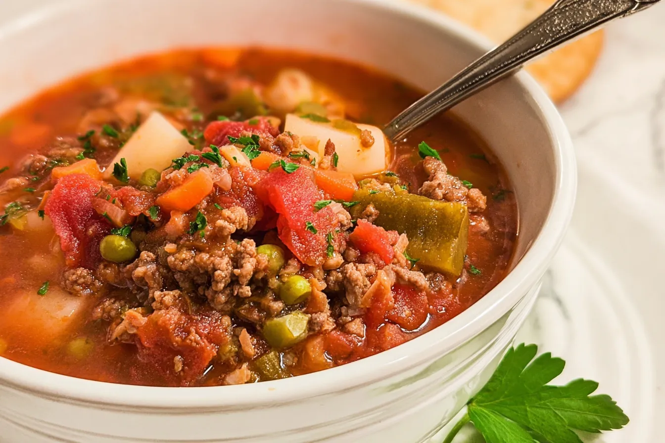 Comforting Hamburger Soup with Veggies — Family favorite Recipe 1 Comforting Hamburger Soup with Veggies in a Bowl