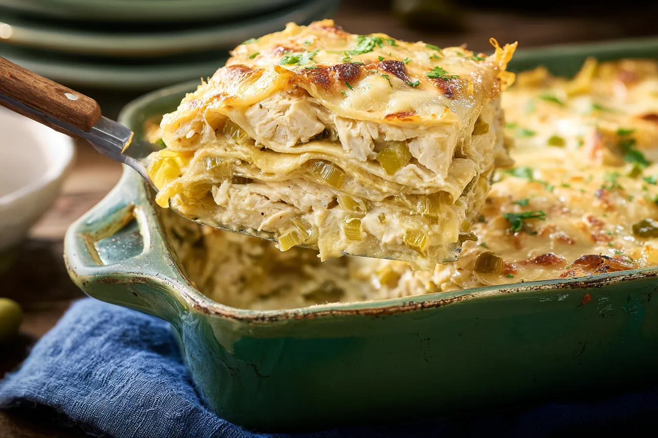 Green Chile Chicken Enchilada Casserole — Creamy chicken layered with tortillas and mild chiles