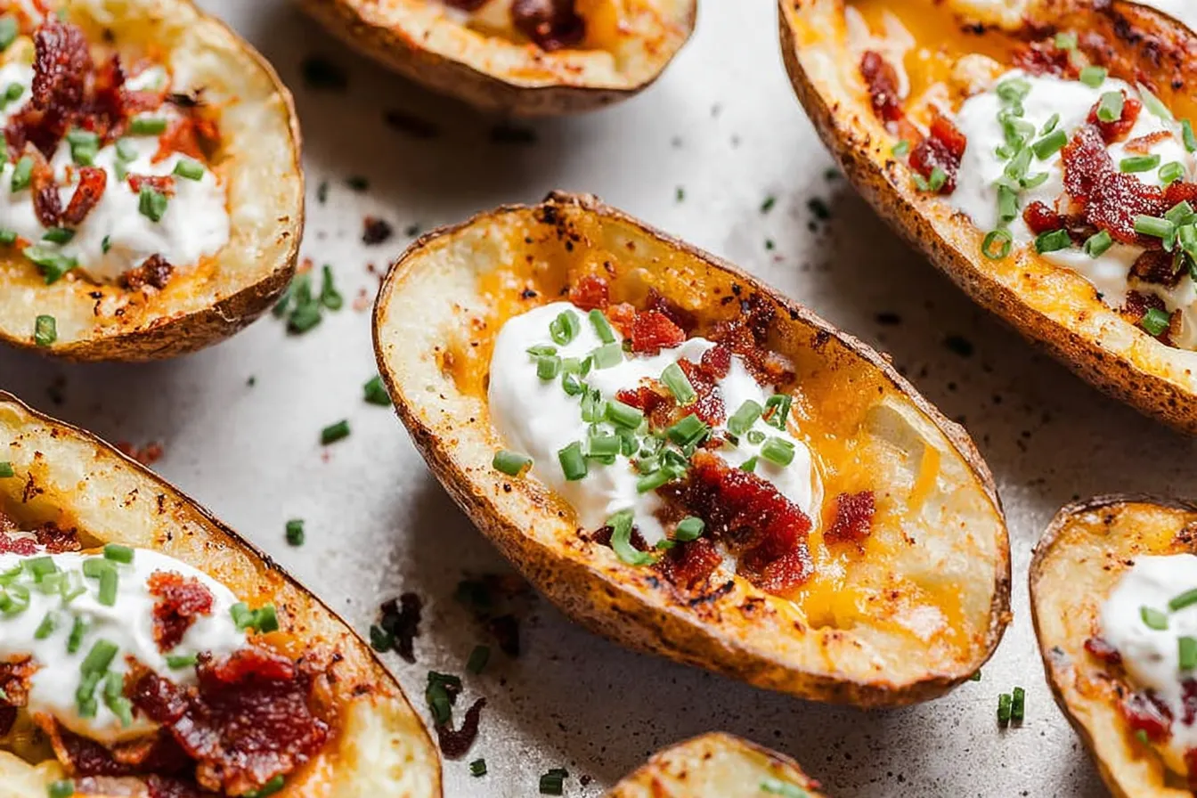 Loaded Potato Skins — Crispy skins filled with cheese, bacon, and sour cream