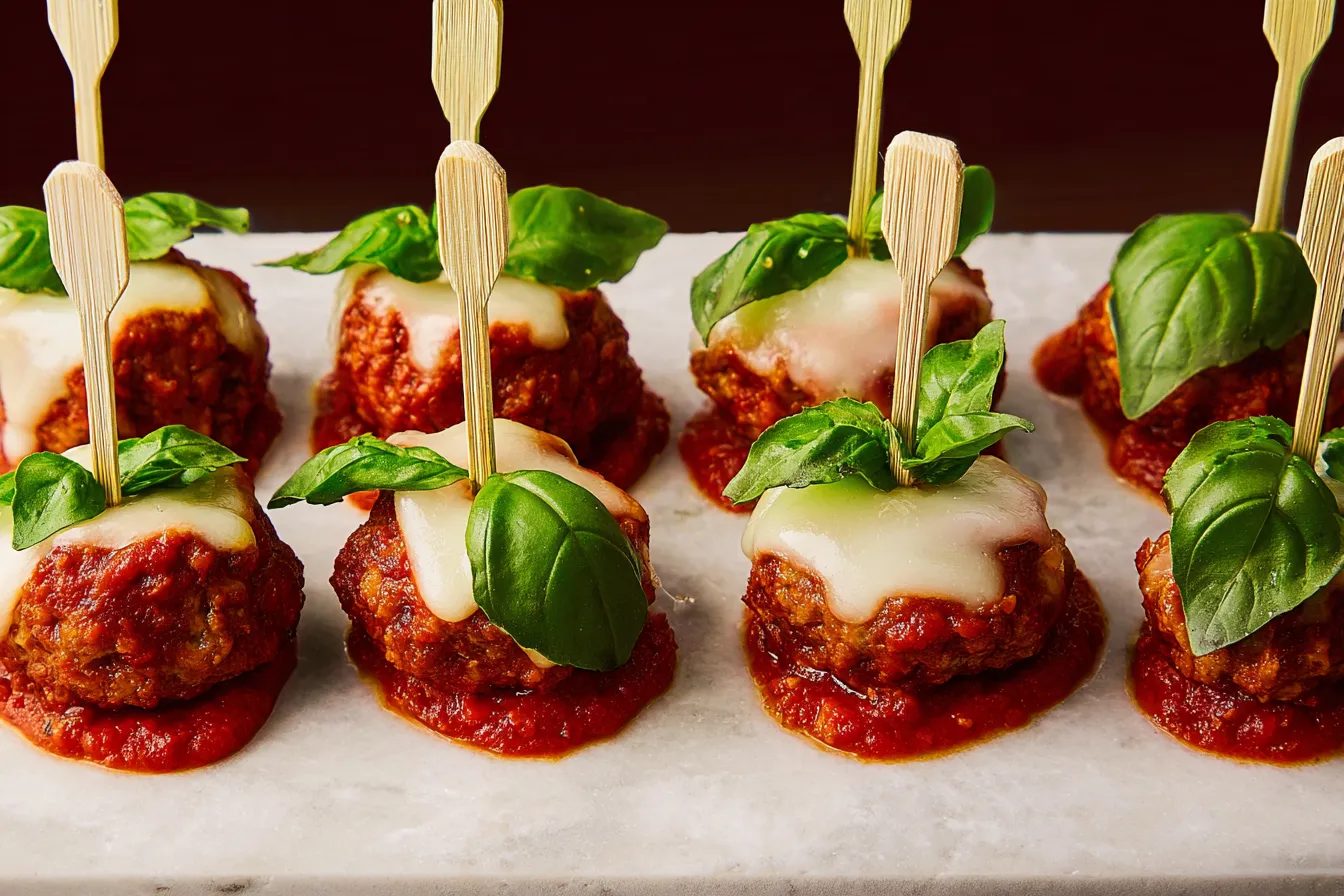Mini Meatball Skewers — Party-ready meatballs served with marinara dip