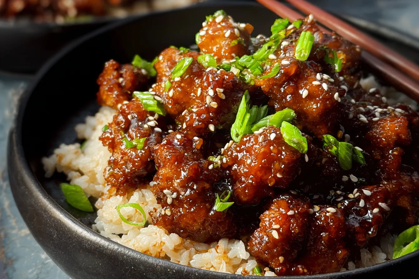 Air Fryer Sesame Chicken Dinner on a Plate