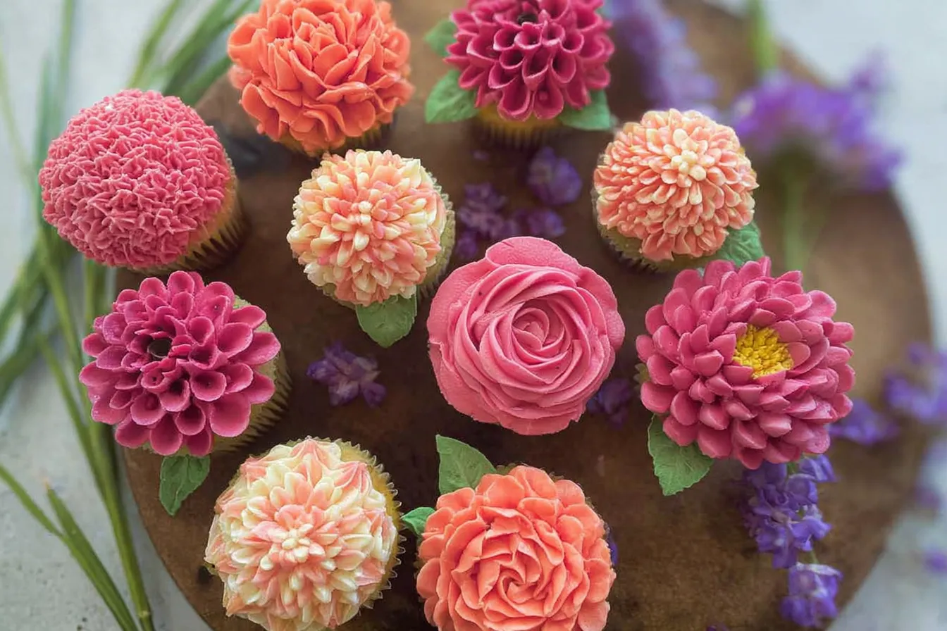 Colorful Flower Cupcake Display: Beautifully Decorated Cupcakes