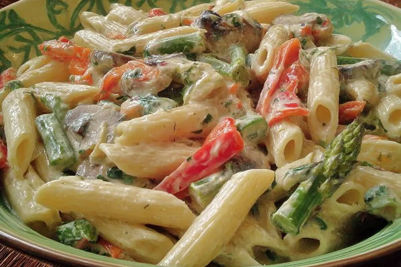 Creamy Pasta Primavera served in a bowl