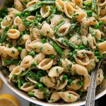Creamy Spring Pea Pasta Plated Beautifully