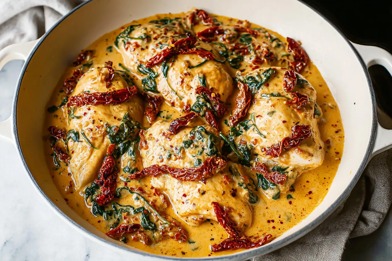 Creamy Tuscan Chicken with Spinach and Sun-Dried Tomatoes Delight 1 Creamy Tuscan Chicken with Spinach and Sun-Dried Tomatoes Plated