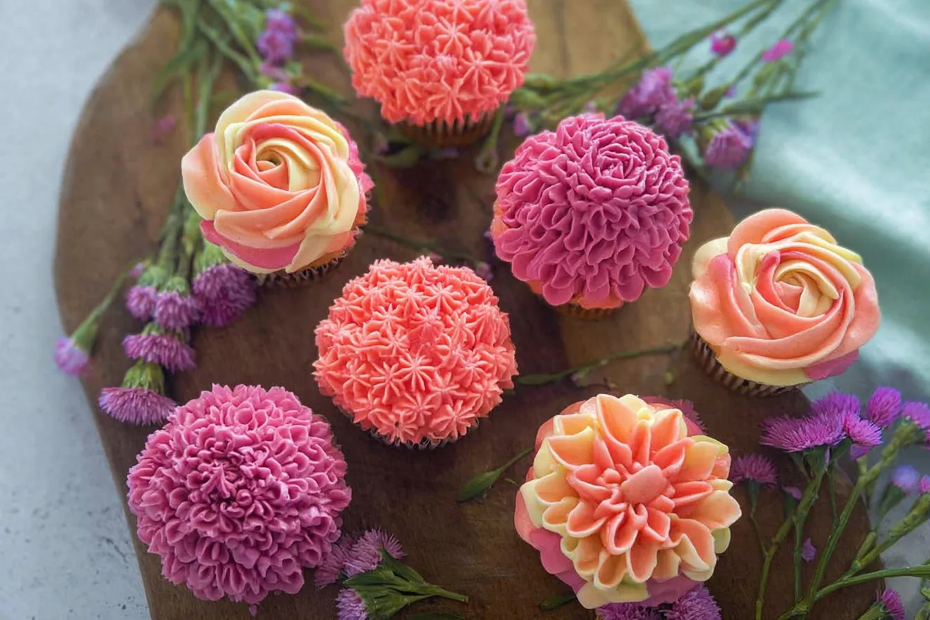 Easy Floral Buttercream Cupcakes Decorated with Edible Flowers