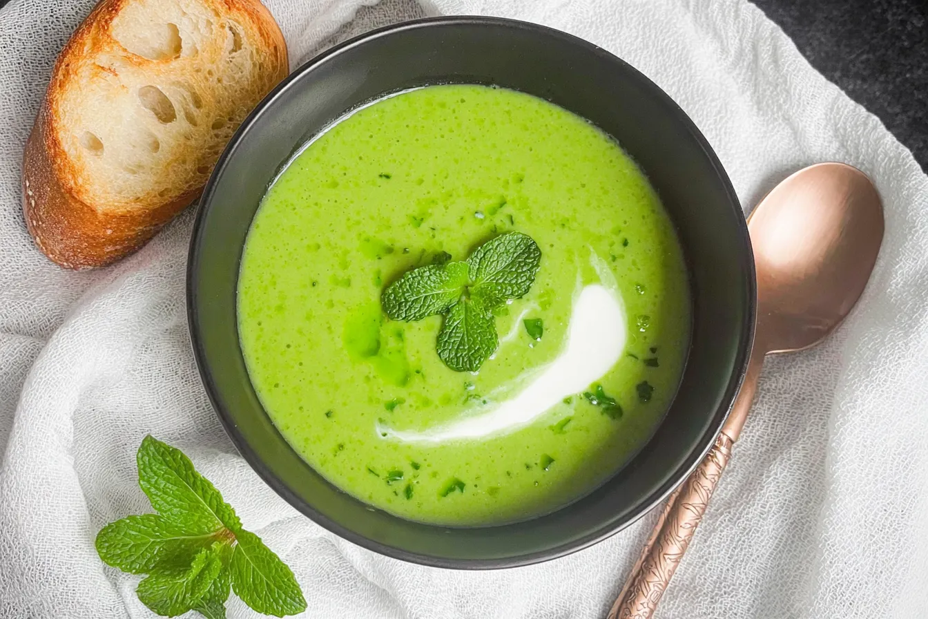 Spring Pea and Mint Soup in a Bowl with Fresh Herbs