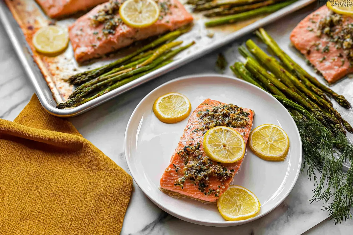 Baked Lemon Garlic Salmon on a Platter