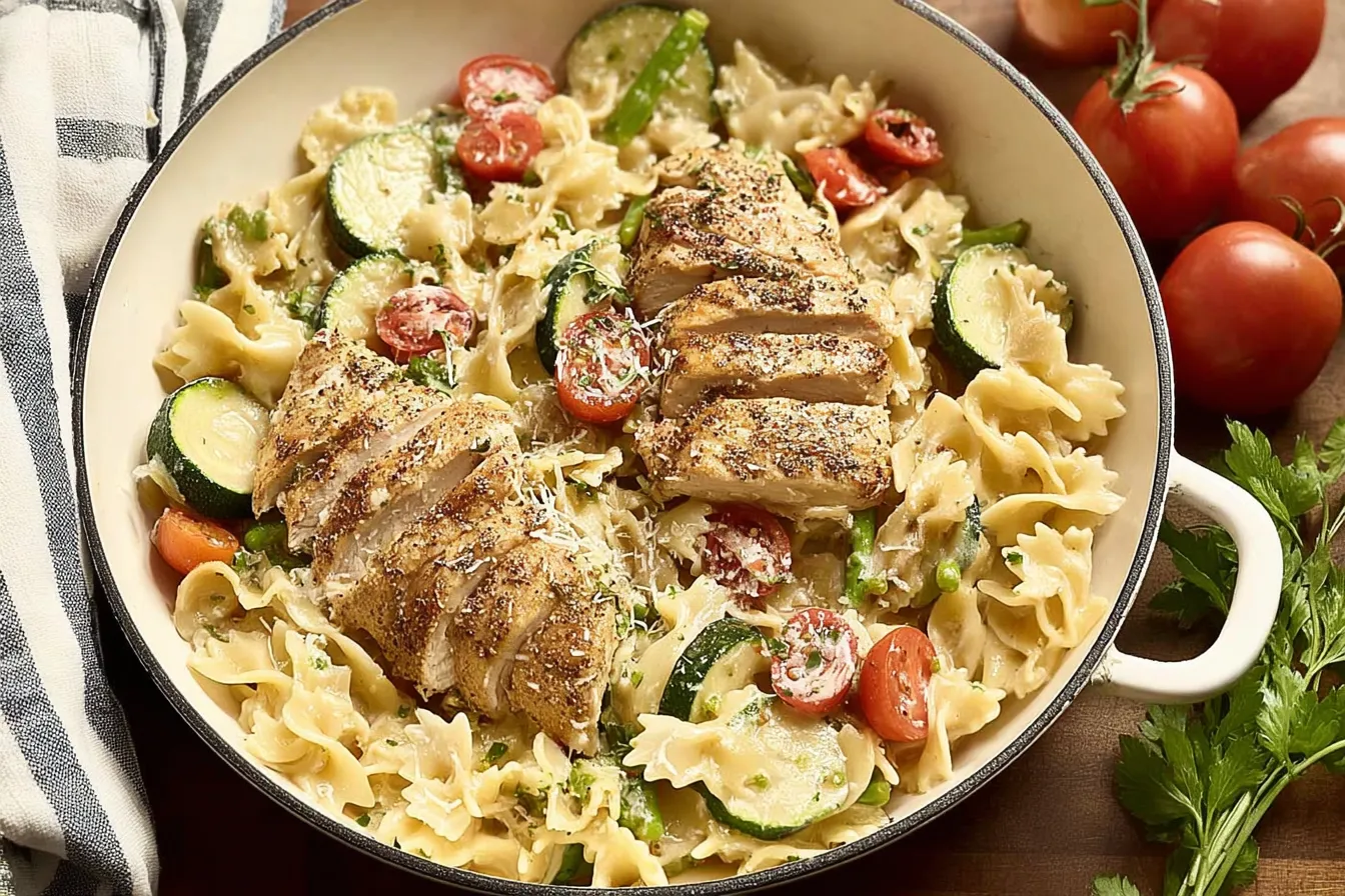 Colorful Chicken Pasta Primavera on a Plate