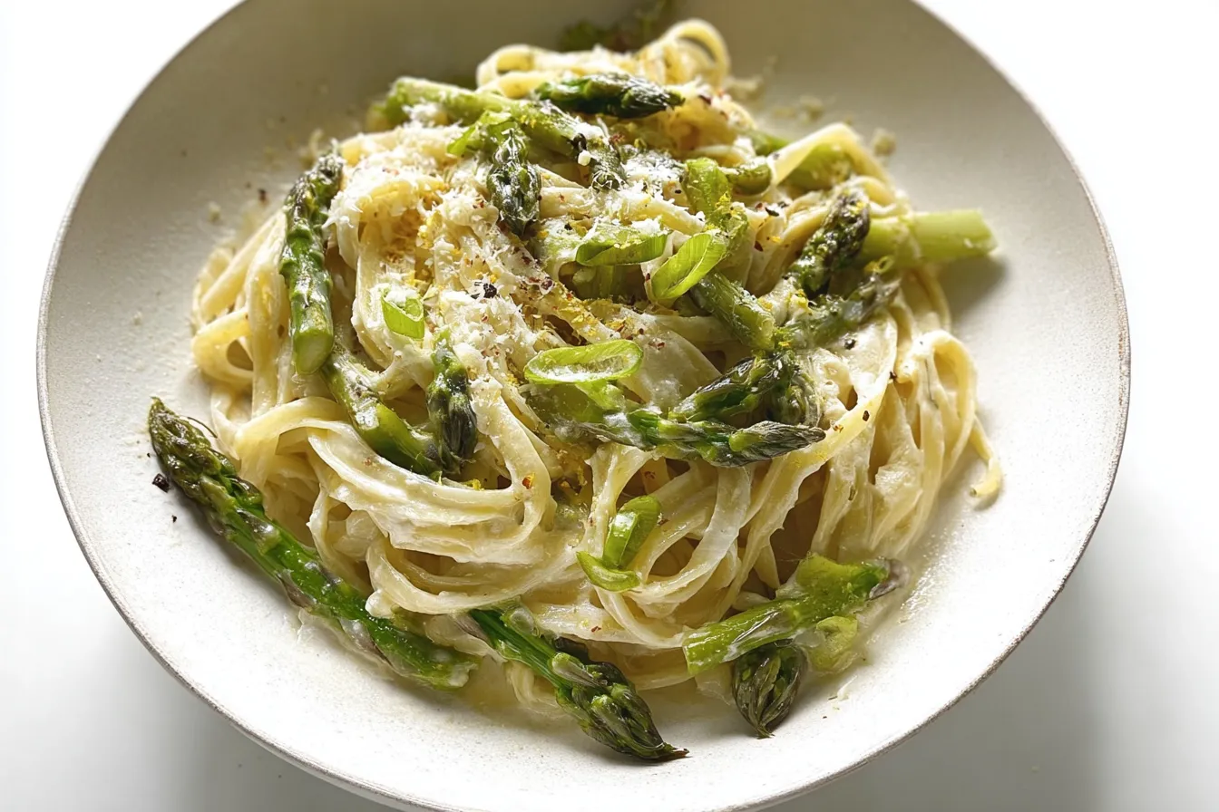 Creamy Asparagus Pasta in a Bowl with Fresh Herbs