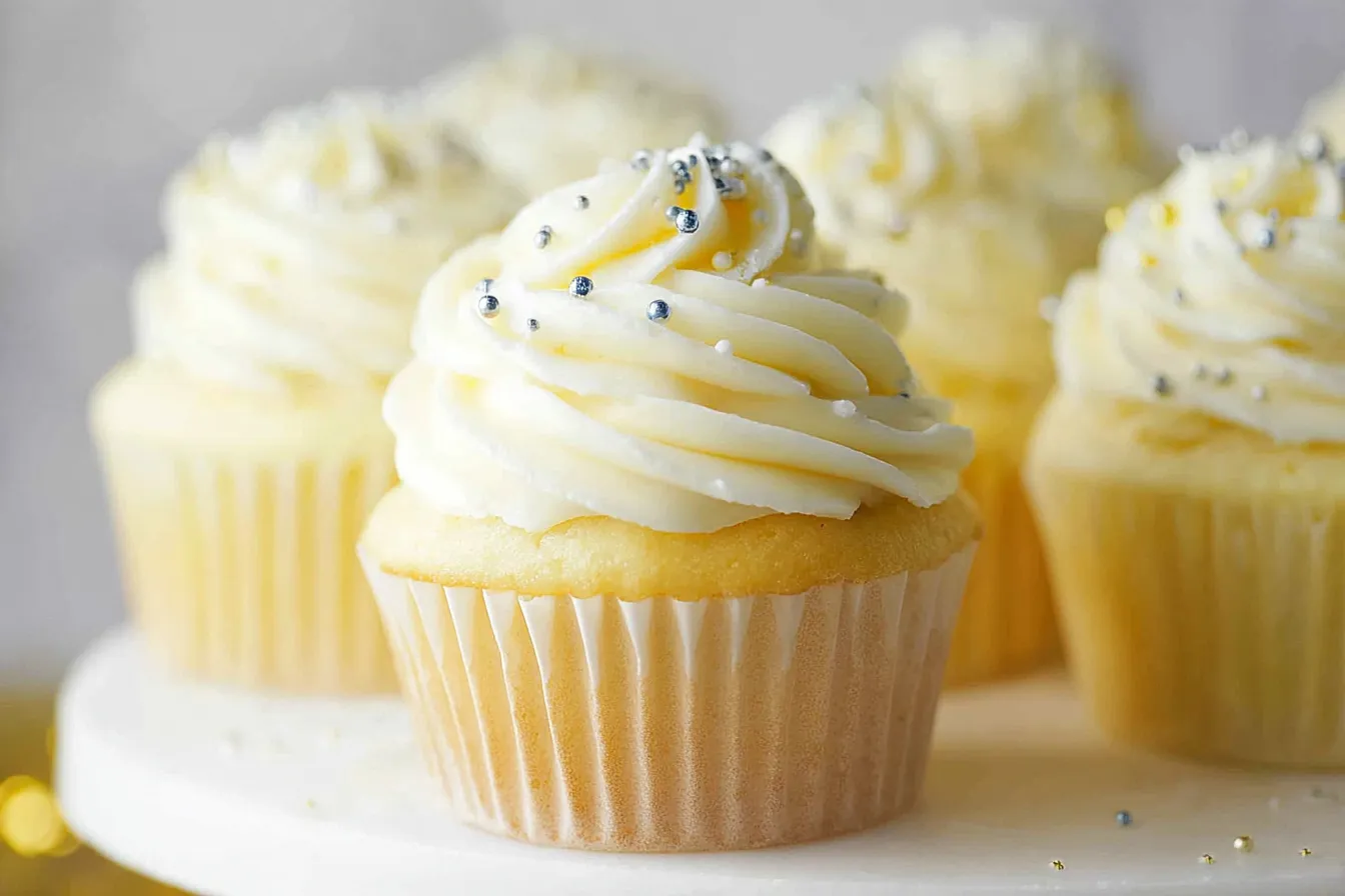 Vanilla Cupcakes Topped with Creamy Frosting