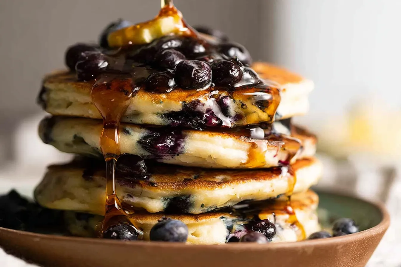 Fluffy Blueberry Pancakes Drizzled with Maple Syrup