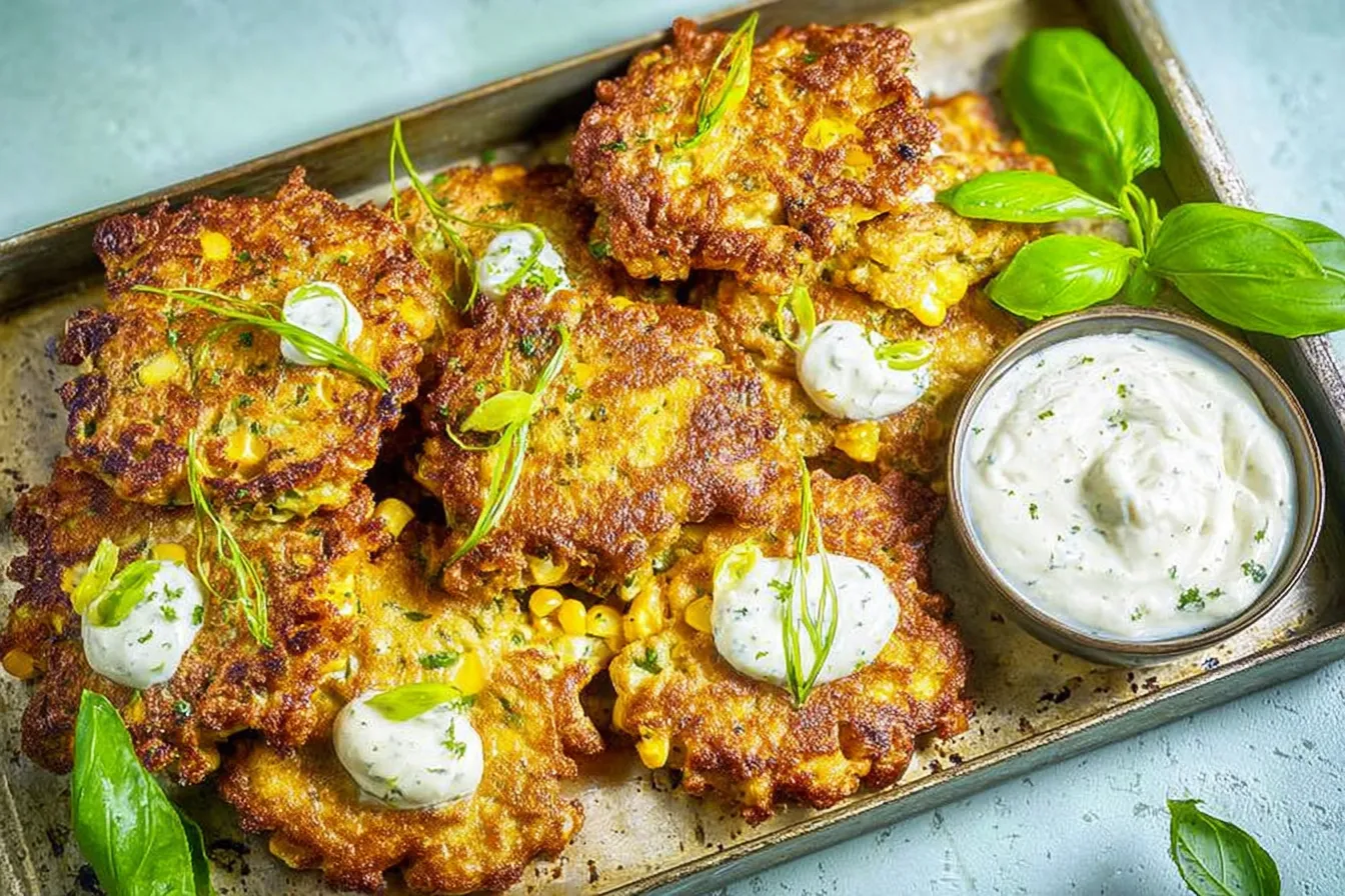 Delicious Corn Fritters with Sour Cream on a Plate