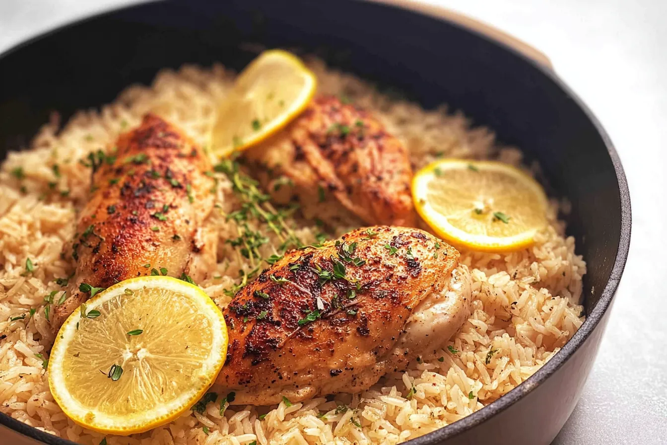One Pan Lemon Butter Chicken and Rice Served on a Plate