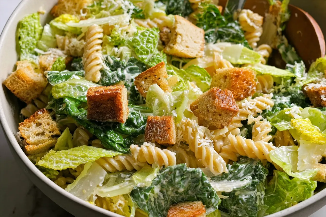 Caesar Pasta Salad with Romaine and Croutons on a Plate