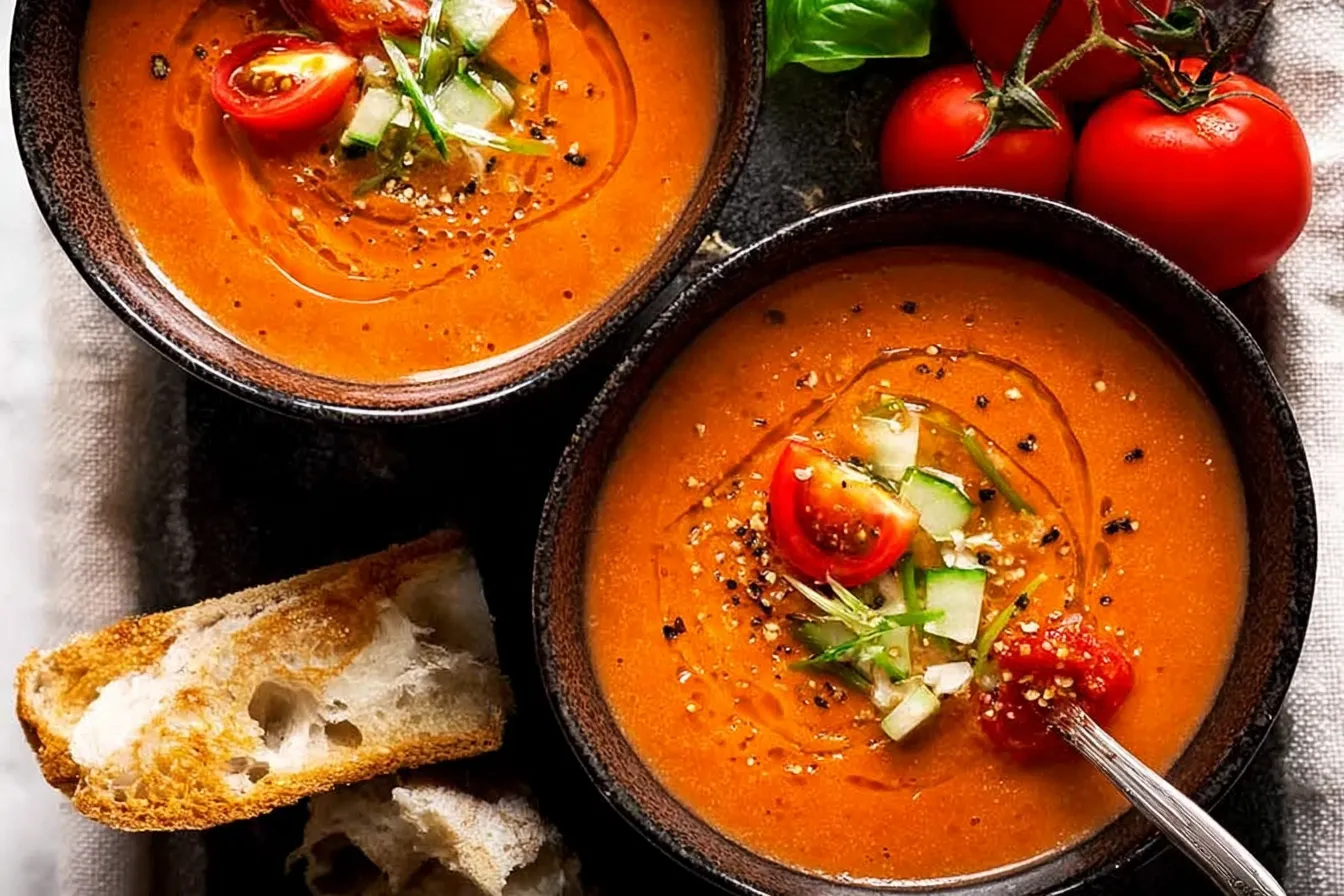 Chilled Gazpacho Soup Garnished with Fresh Herbs