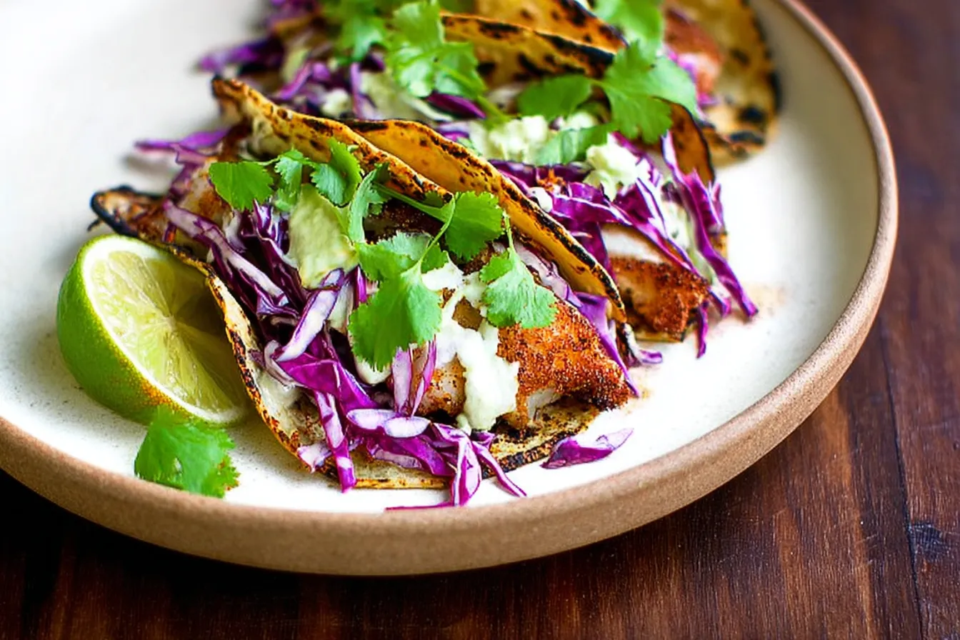 Crispy Fish Tacos with Cabbage Slaw: A Flavor Explosion! 1 Crispy Fish Tacos with Cabbage Slaw in a Colorful Spread