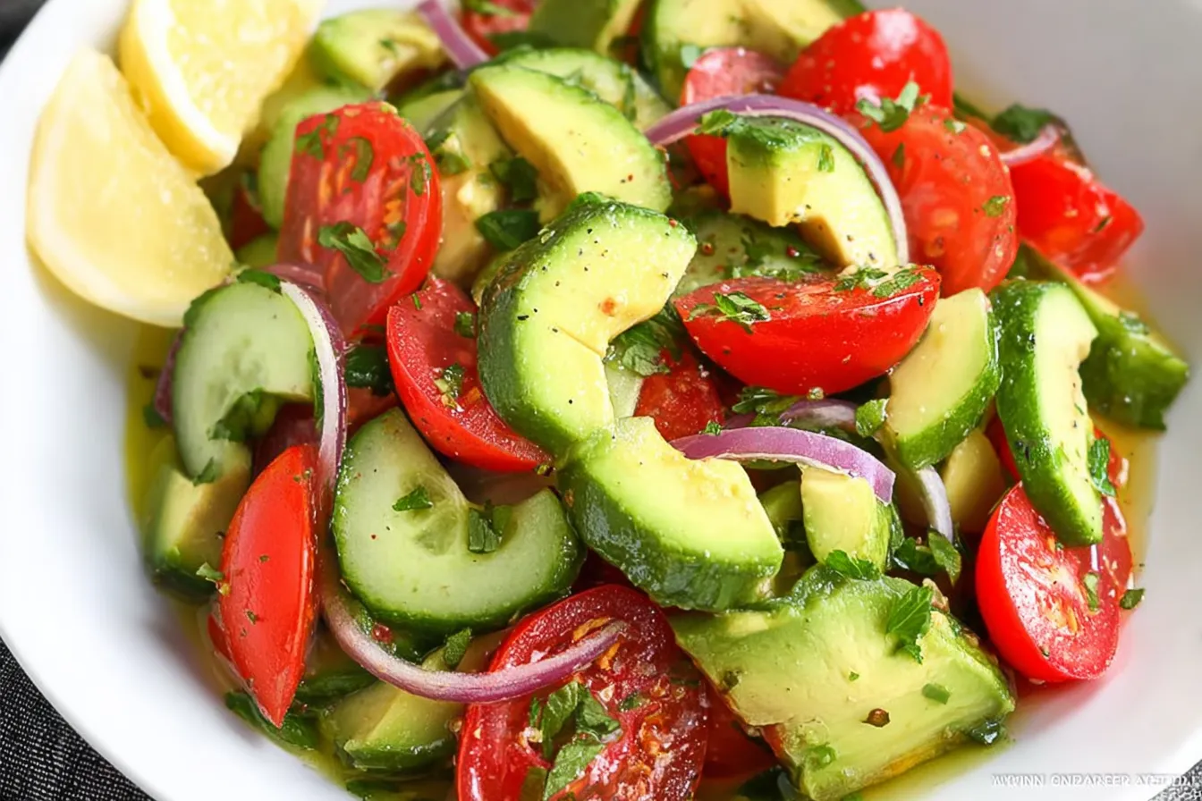 Cucumber Avocado Tomato Salad in a Colorful Bowl