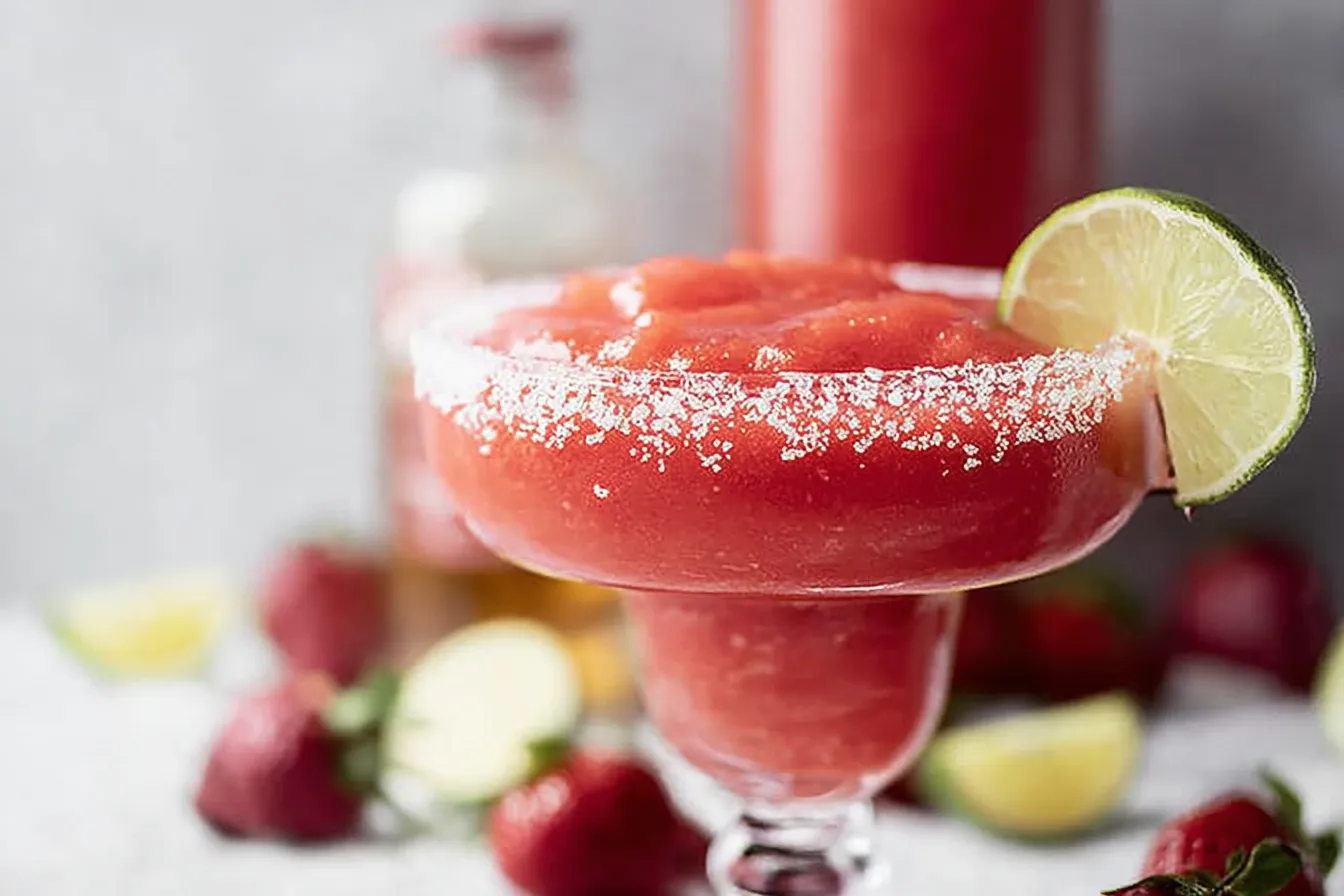 Frozen Strawberry Margarita Slushie in a Glass with Straw