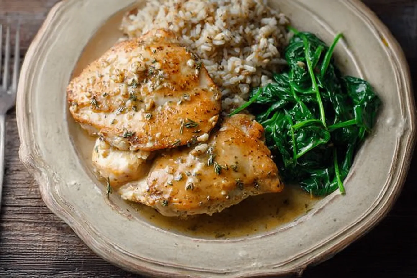 Garlic Butter Roast Chicken with White Wine Pan Sauce