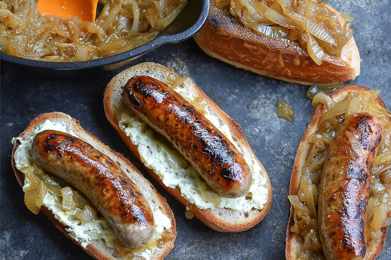 Grilled Bratwurst with Beer-Caramelized Onions: A Flavor Bomb! 1 Grilled Bratwurst with Beer-Caramelized Onions Plated