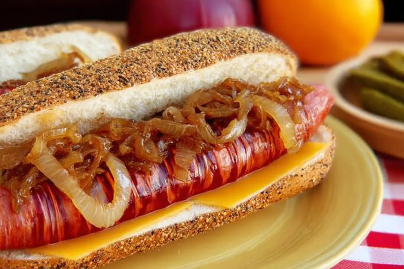 Grilled Hot Dogs with Caramelized Onions: A Tasty Delight 1 Grilled Hot Dogs with Caramelized Onions on the Grill