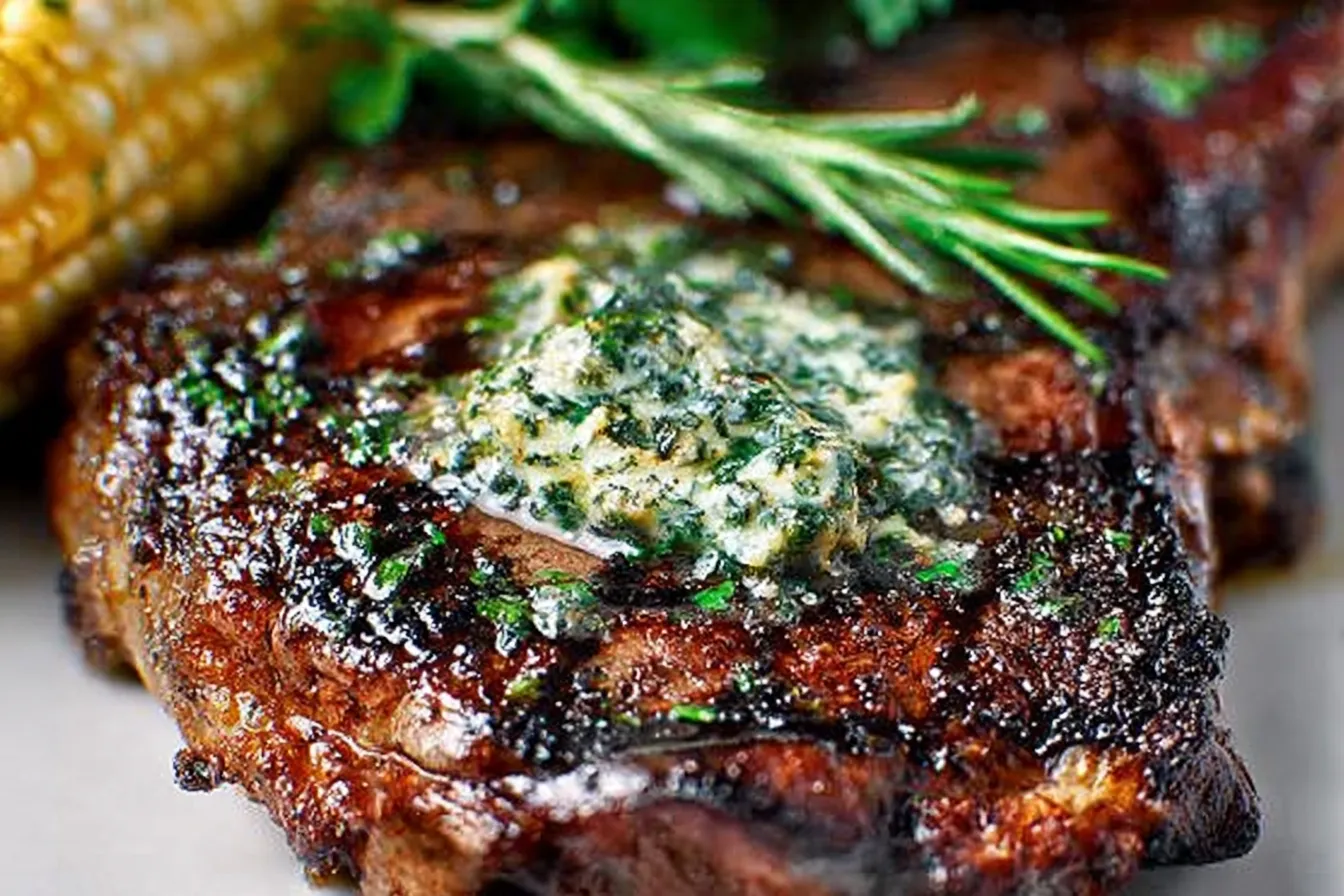 Grilled Ribeye Steak with Herb Butter: Perfectly Delicious Grilled Ribeye Steak with Herb Butter on a Plate