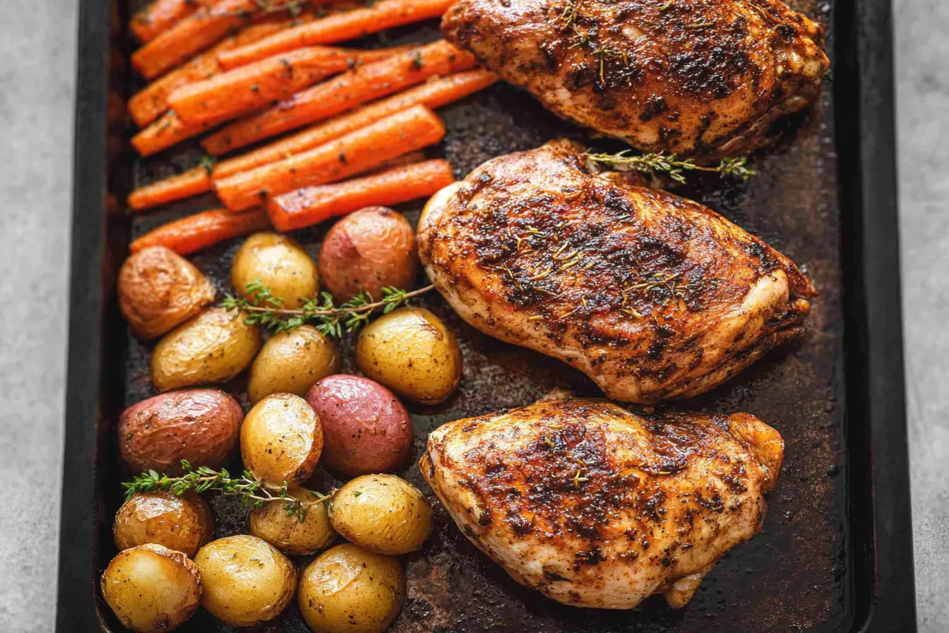 One-Pan Roast Chicken with Potatoes and Carrots Served Hot