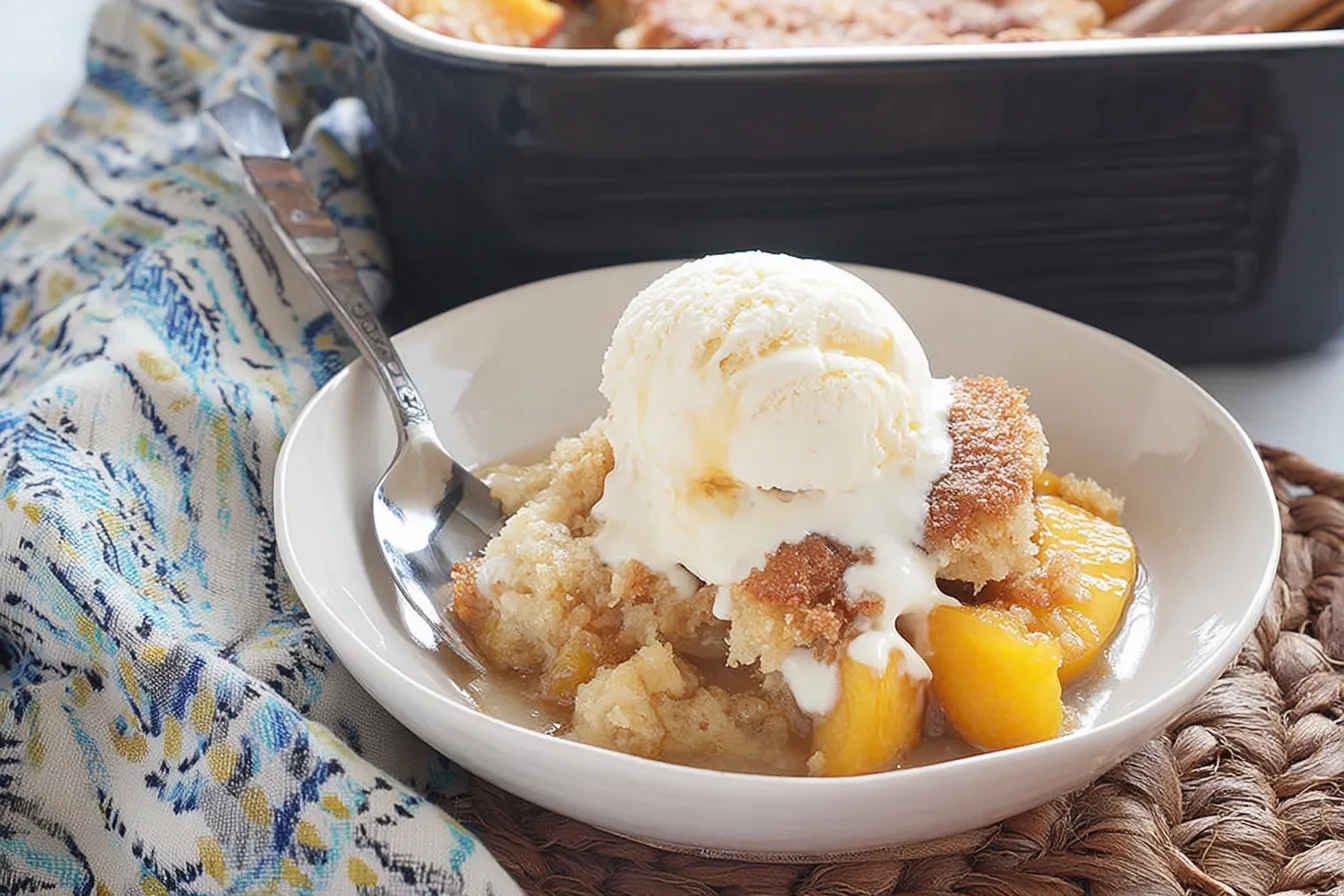 Delicious Peach Cobbler with Vanilla Ice Cream
