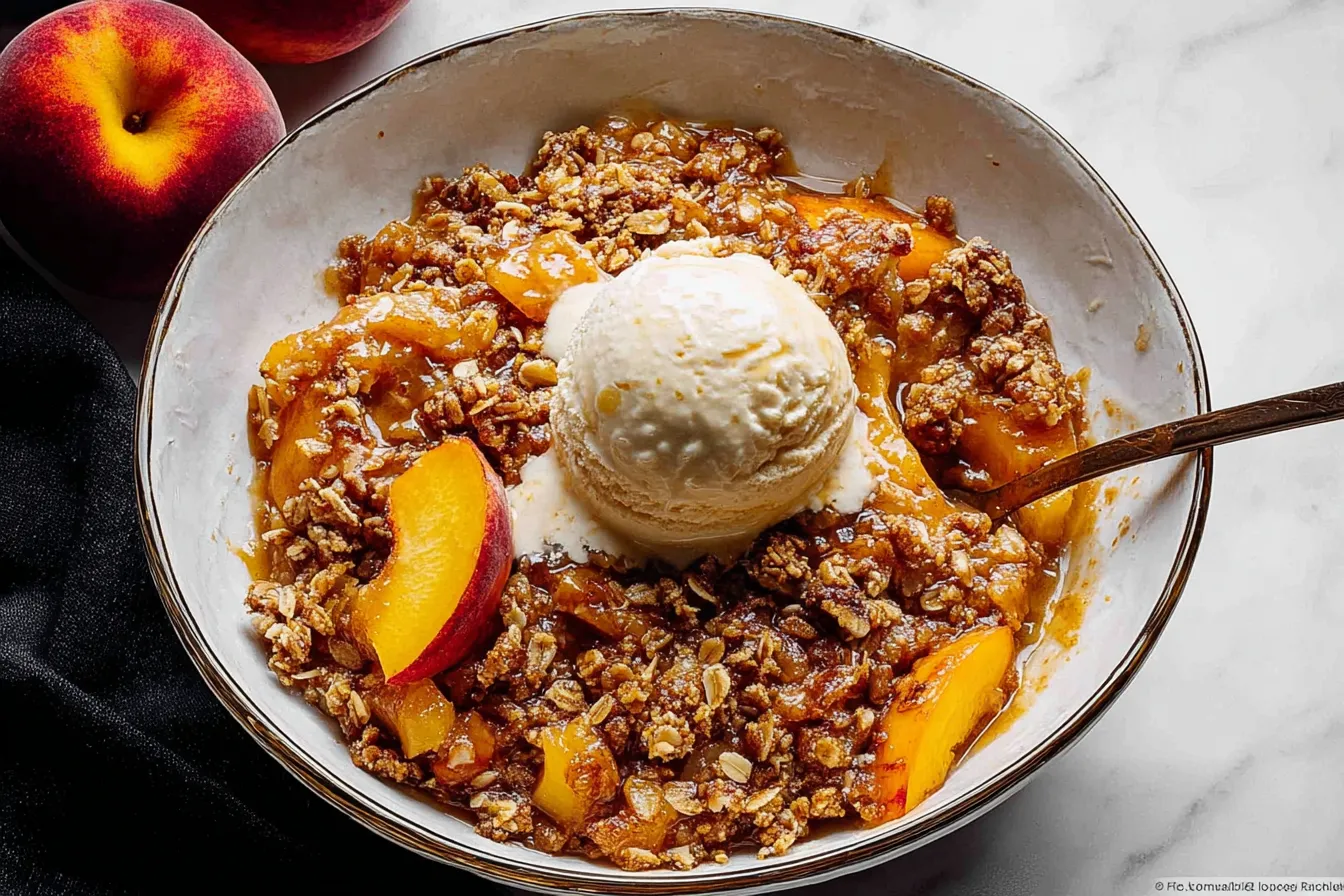 Fresh Peach Crisp with Vanilla Ice Cream Ready to Enjoy