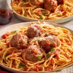 Spaghetti and Meatballs Plated Garnished with Basil