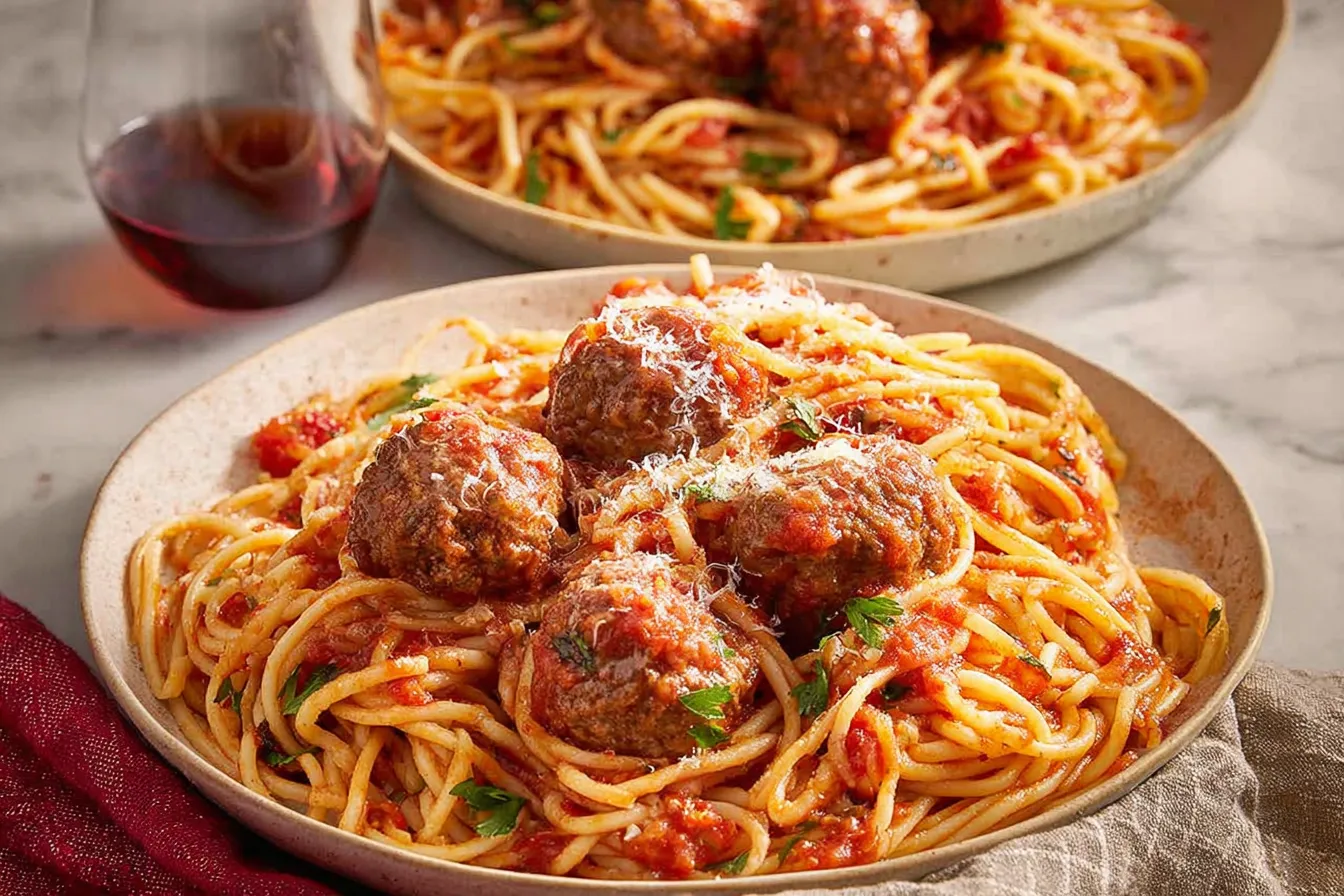 Spaghetti and Meatballs Plated Garnished with Basil