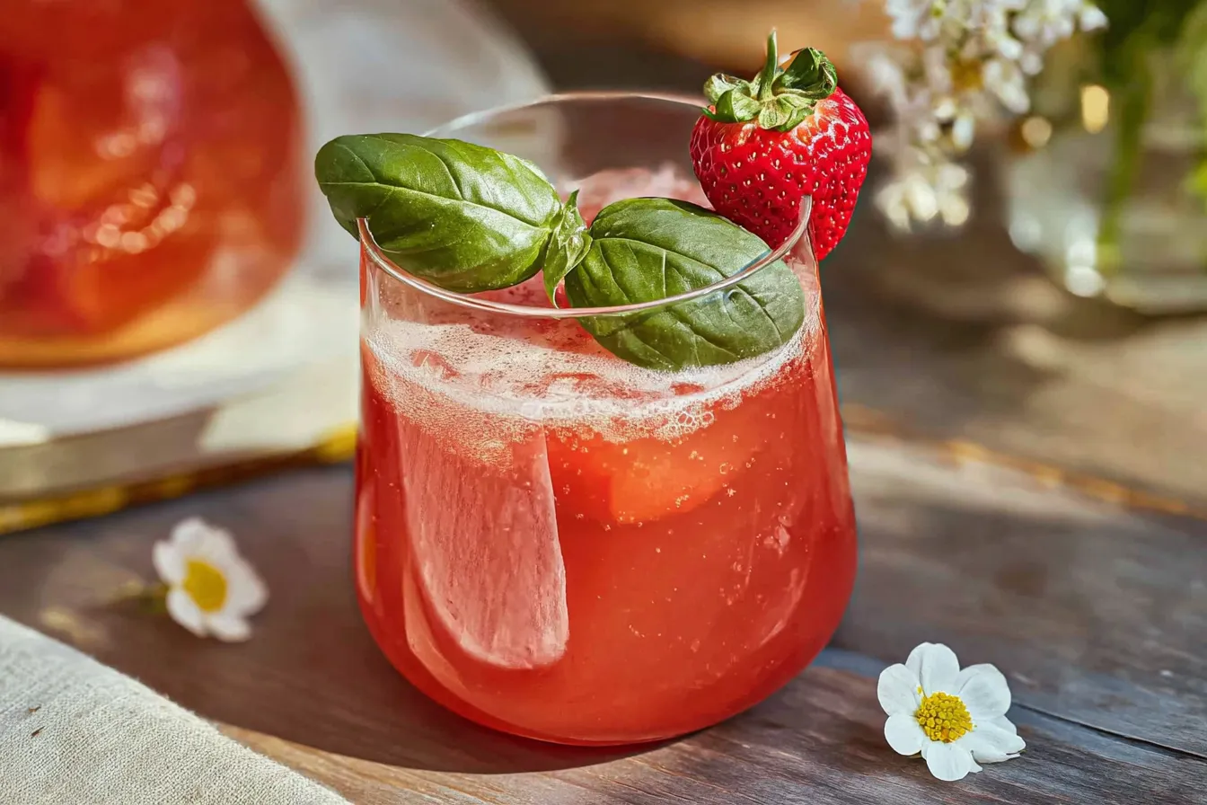 Strawberry Basil Lemonade in a Glass with Fresh Strawberries
