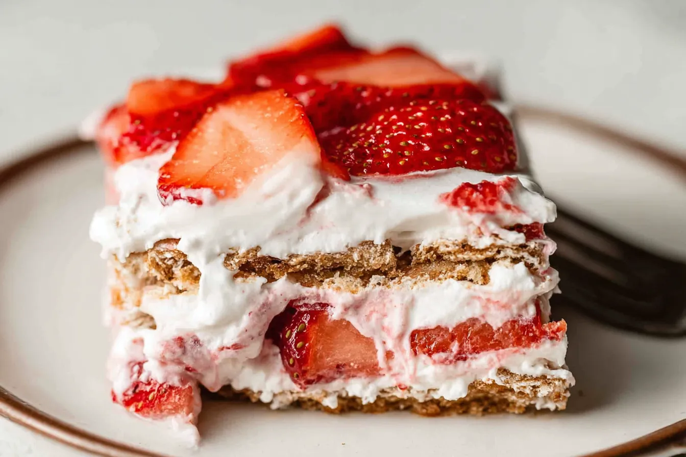 Delicious Strawberry Icebox Cake Slice on a Plate