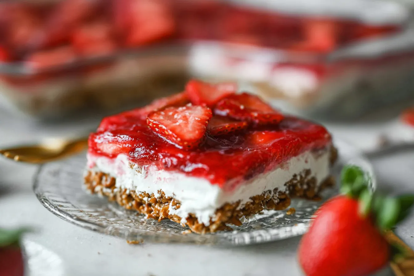 Strawberry Pretzel Salad in a Glass Dish