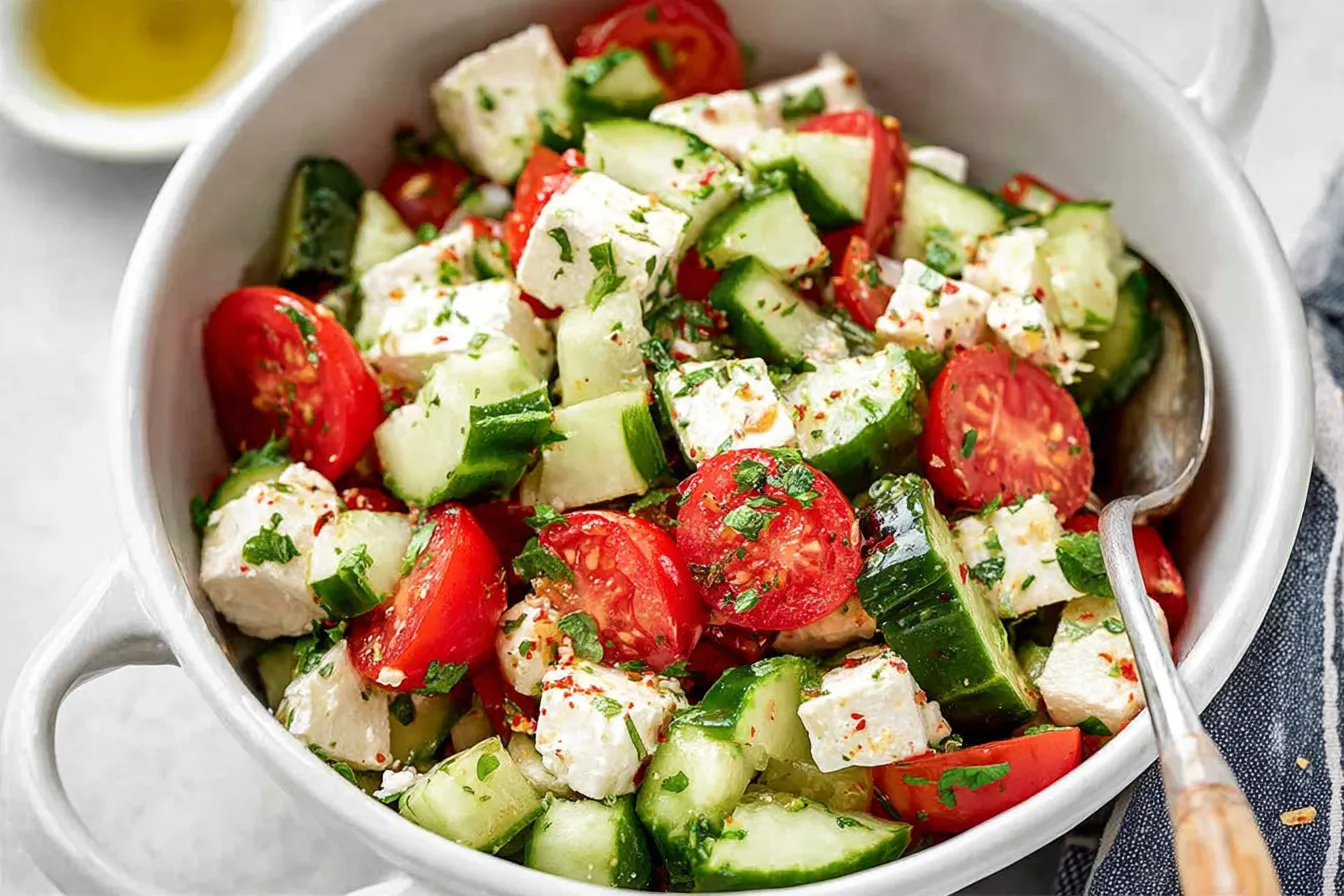 Tomato Cucumber Feta Salad: A Refreshing Delight 1 Fresh Tomato Cucumber Feta Salad in a Bowl