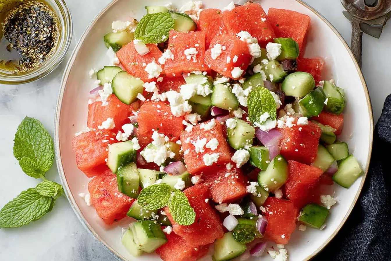 Watermelon Feta Mint Salad: Refreshing Summer Delight 1 Delicious Watermelon Feta Mint Salad in a Bowl