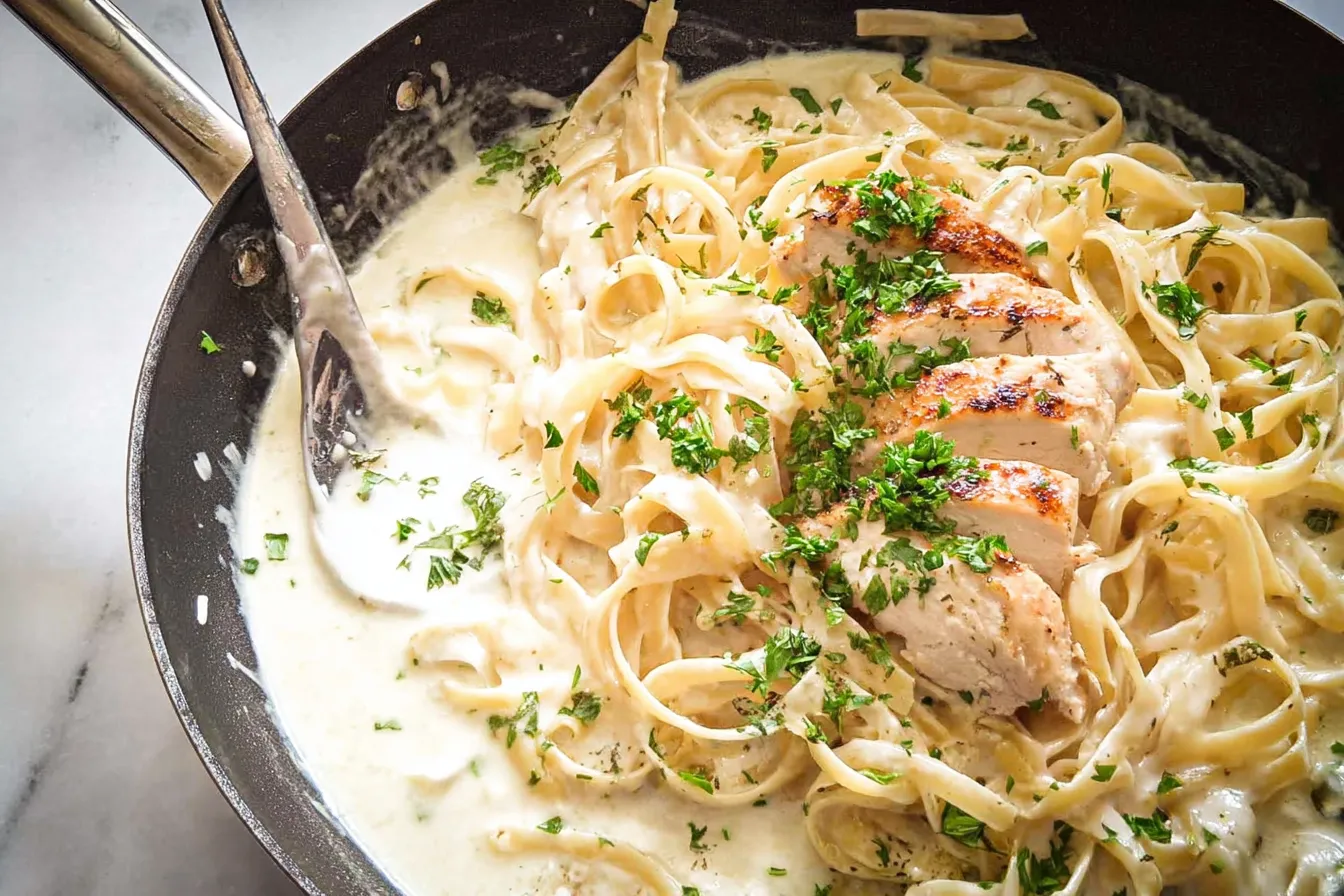 Creamy Chicken Alfredo Pasta in a Bowl